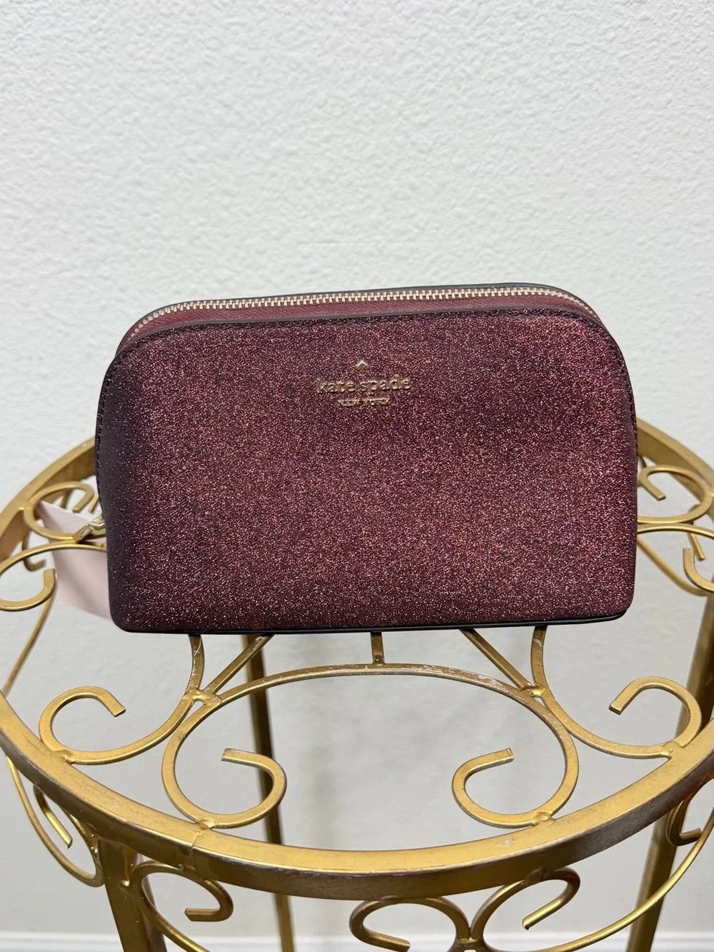 Kate Spade NWT Glitter Dome Makeup Bag Burgundy
